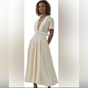 Mable Linen Blend Belted Midi Dress Cream Size S 🤍